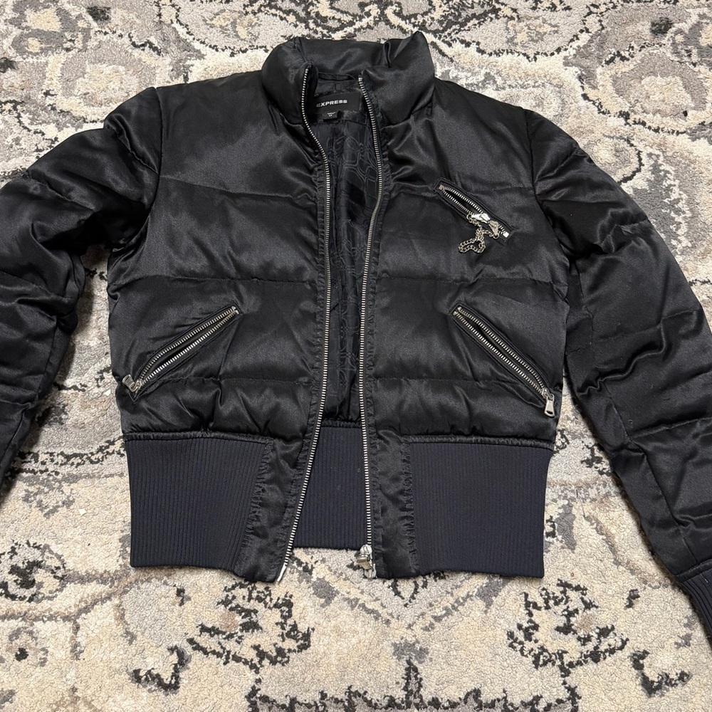 Express Black Puffer Bomber Jacket with Ribbed Hem